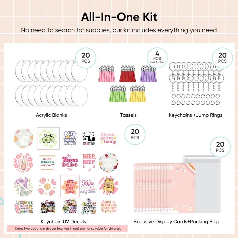 YOPPIX 140 PCS Acrylic Keychain Blank Set, Funny Double-Sided UV DTF Stickers Acrylic Keychain Making Kits for Vinyl DIY Craft Project - Image 3